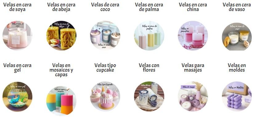 tipos de velas, cera de soya, cera de abeja, cera de coco, cera de palma, cera china, cera de vaso, cera de gel, velas en mosaicos, velas cupcake, velas con flores, velas para masaje, velas en moldes.